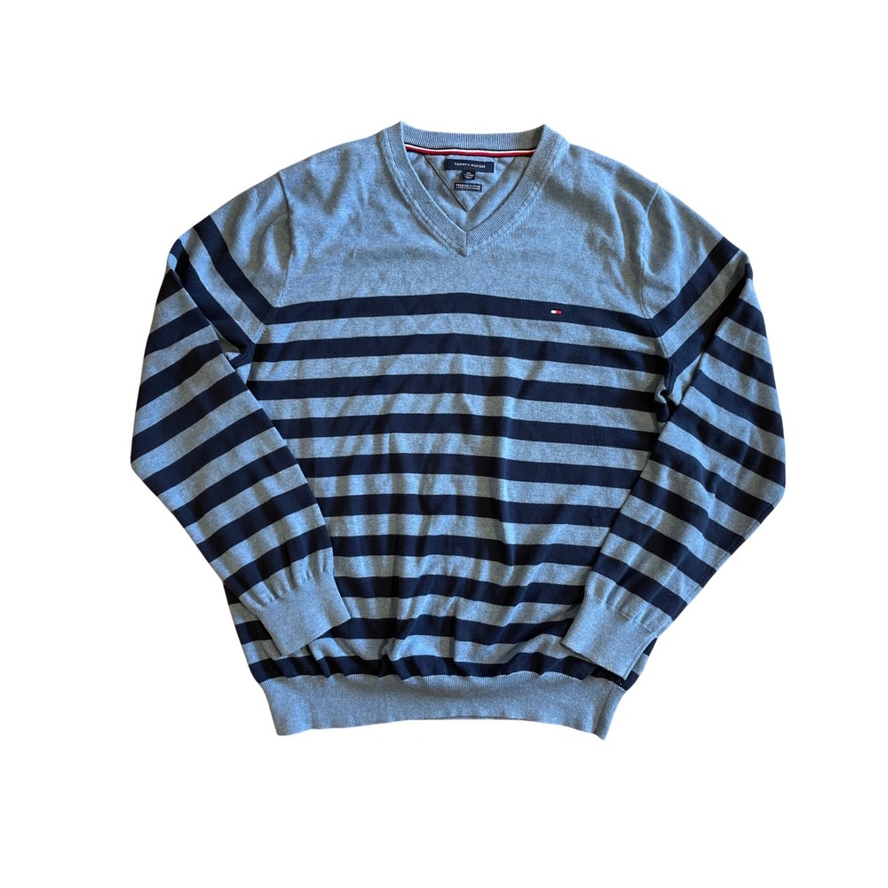 Tommy Hilfiger‎ Mens XXL Navy Blue Striped V-Neck Premium Cotton Sweater Preppy